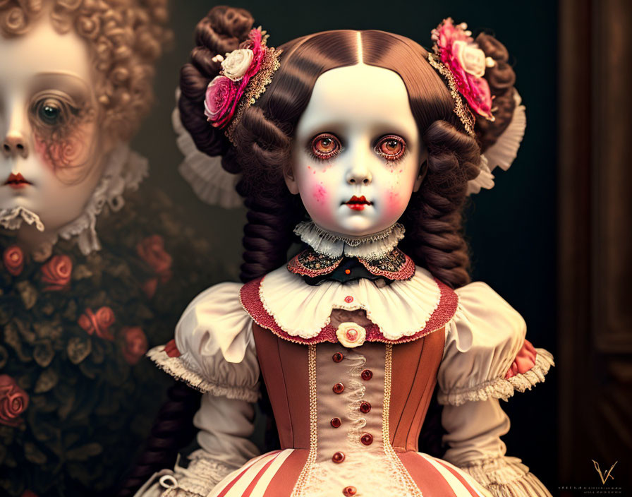 Victorian-style doll with brown curls and lace collar, reflection of distorted face