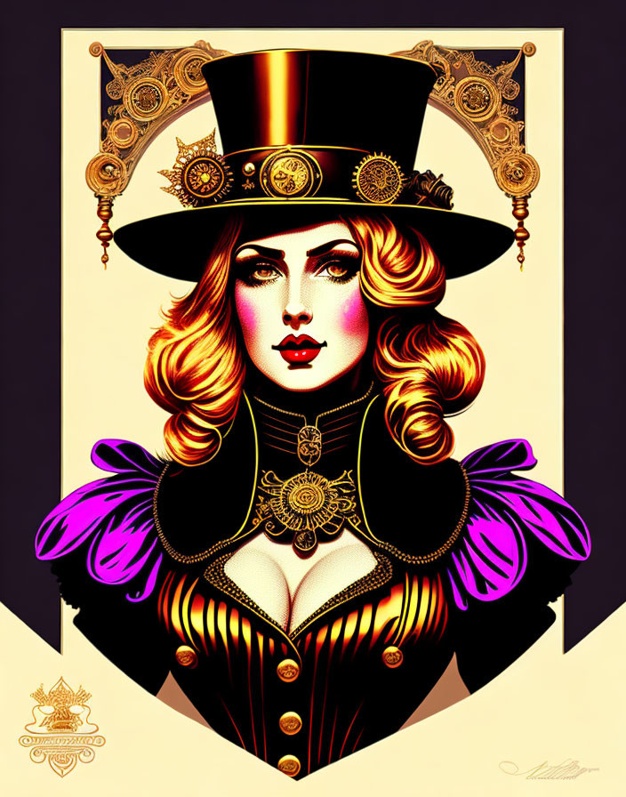 Steampunk-inspired female figure in top hat and Victorian attire