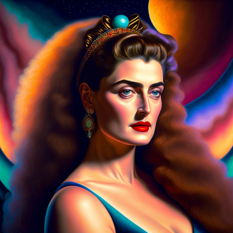 Portrait of woman with wavy hair, crown, and cosmic backdrop.