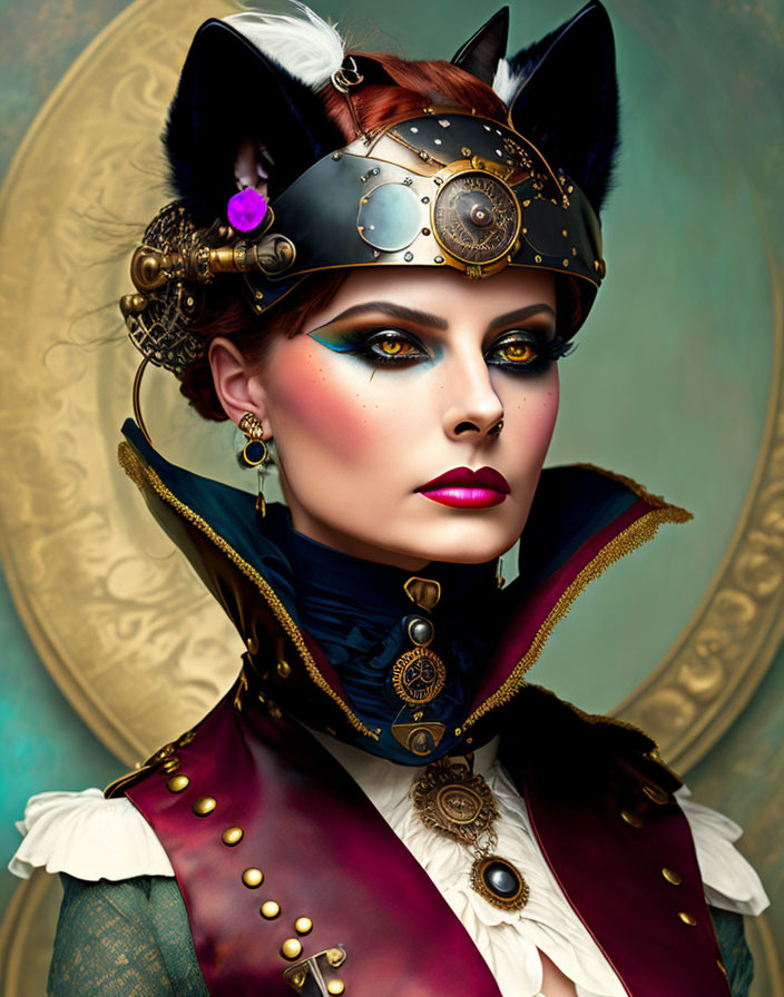 Steampunk-themed woman with cat makeup and headgear in Victorian-style outfit