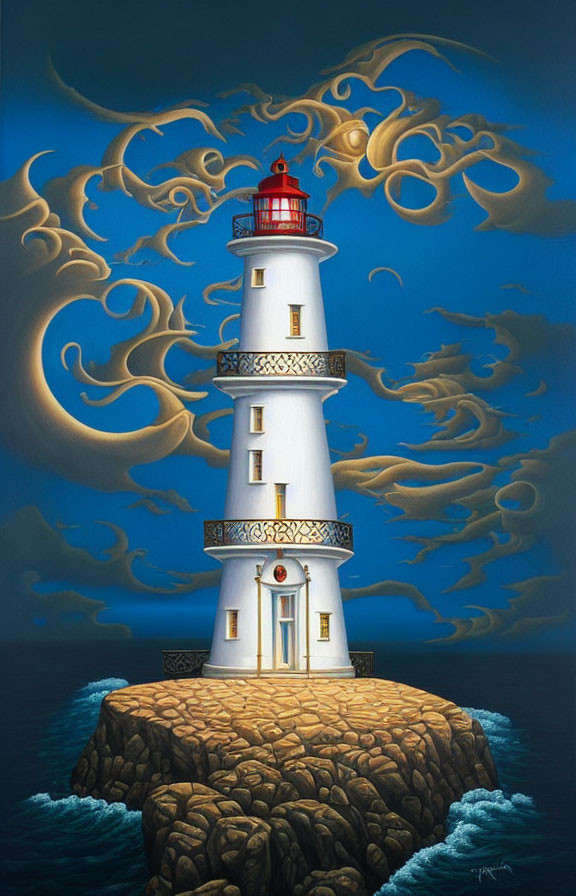 Surreal painting: lighthouse on rocky outcrop with golden clouds