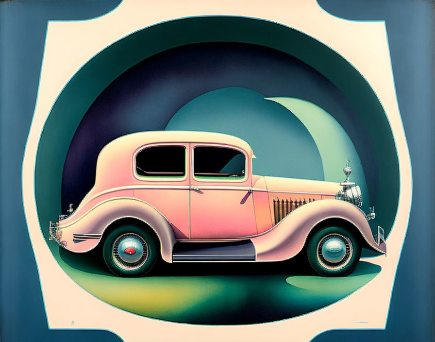 Vintage Car Illustration in Art Deco Style with Pastel Colors