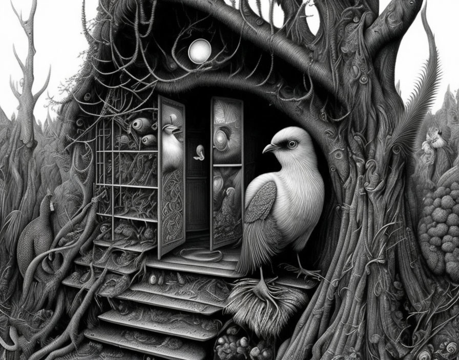 Detailed monochrome bird illustration on window in intricate tree full of creatures