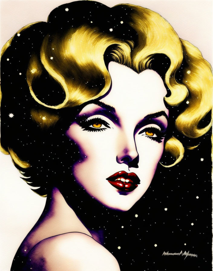 Illustrated portrait of woman with golden hair and starry background.