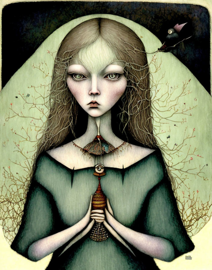 Pale girl with large eyes holding beehive under green cloak