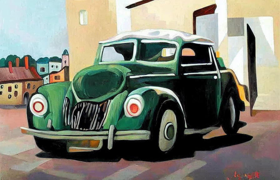 Colorful vintage car painting with exaggerated curves in stylized street scene