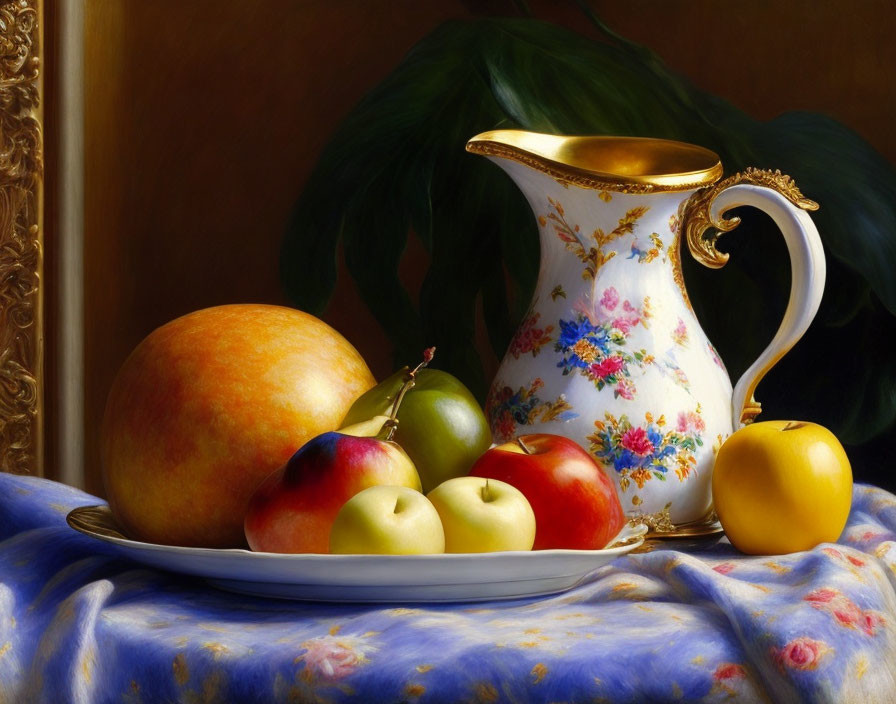 Porcelain pitcher with apples, mango, lemon on plate against blue floral cloth