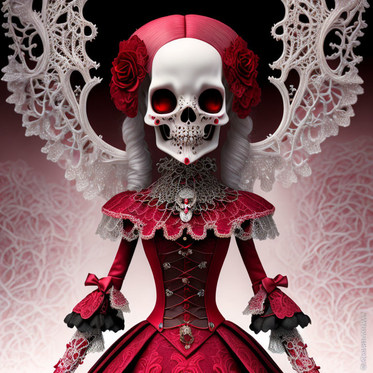 Gothic skeletal figure in red and black dress with roses on patterned background