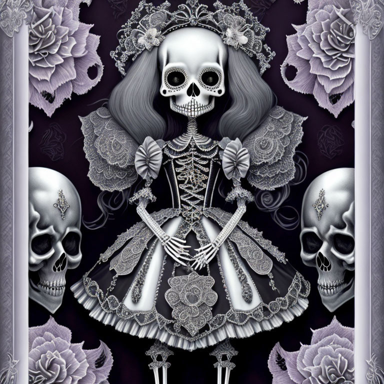 Detailed gothic skeleton illustration with roses and skulls in a Day of the Dead theme.