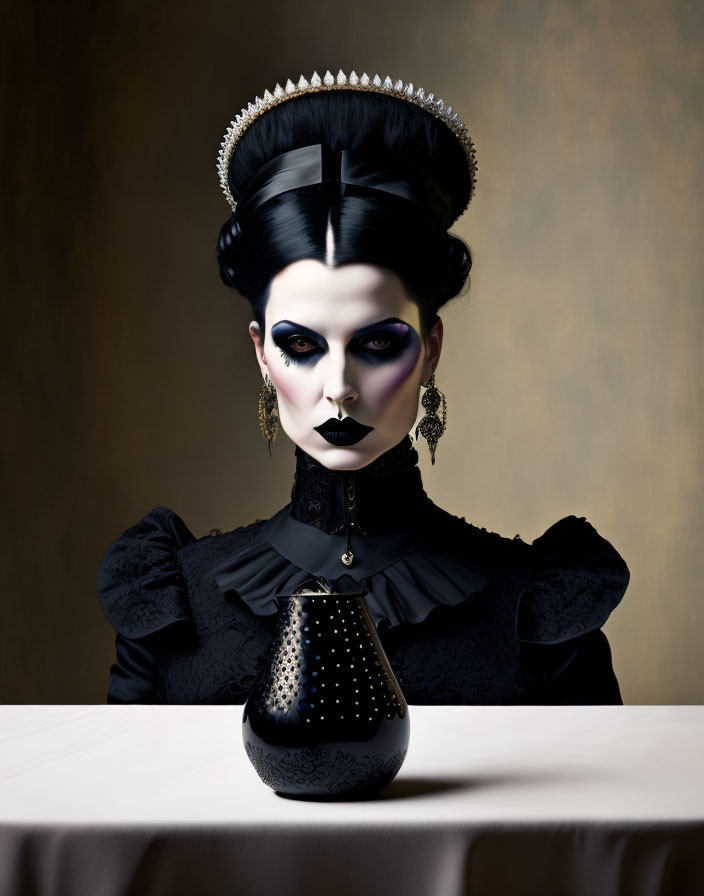 Person in dramatic gothic attire with black dress and white hairpiece behind table with black vase