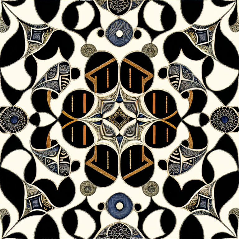 Symmetrical Art Deco pattern with geometric and curvilinear shapes in gold, black, and blue