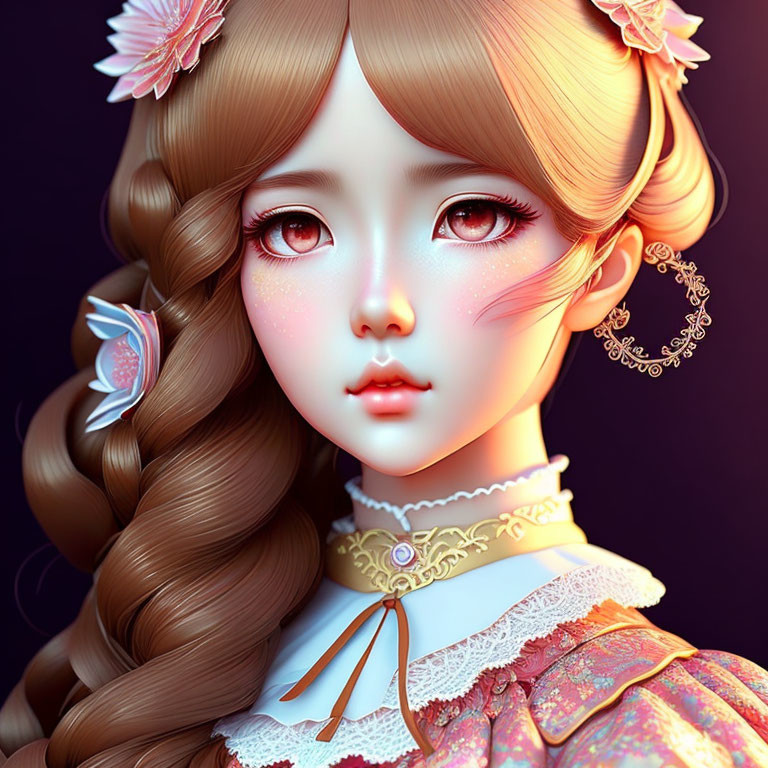 Detailed vintage doll-like girl illustration with large eyes and ornate hair.