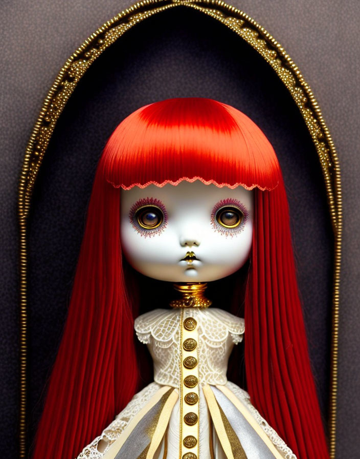 Victorian-style doll with red hair, intricate eyes, pale skin, and golden oval border