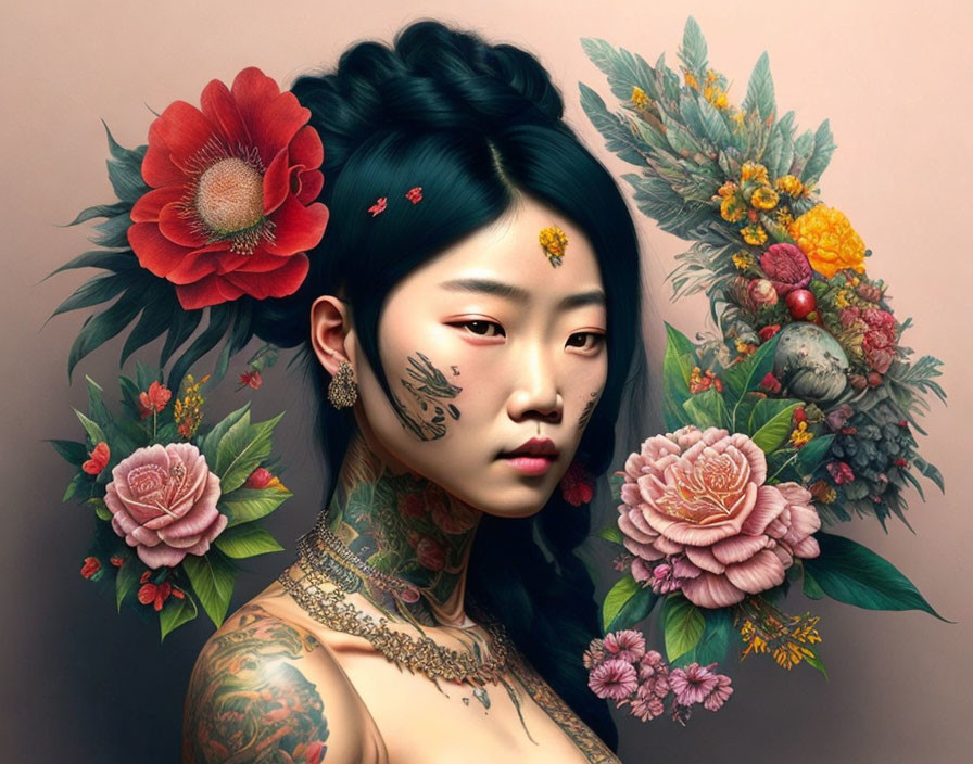 Digital Artwork: Asian Woman with Floral Tattoos and Vibrant Flowers