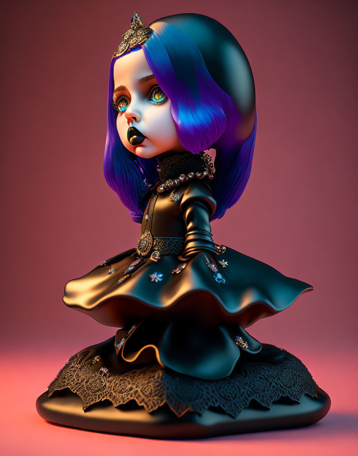 Stylized 3D doll with blue-black hair and Gothic dress on pinkish-red backdrop