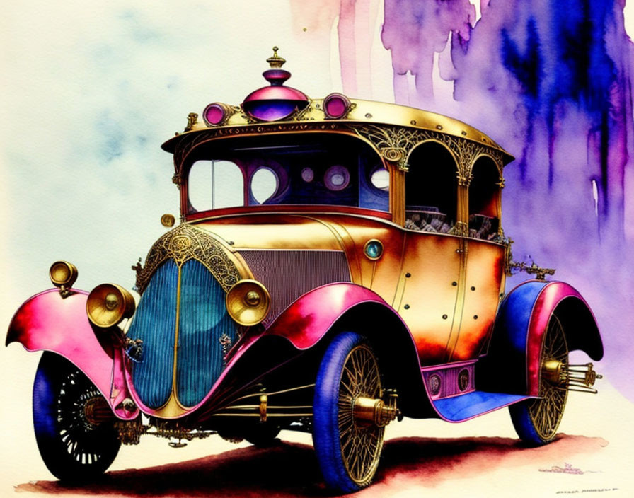 Vintage Car Illustration with Ornate Details on Watercolor Background