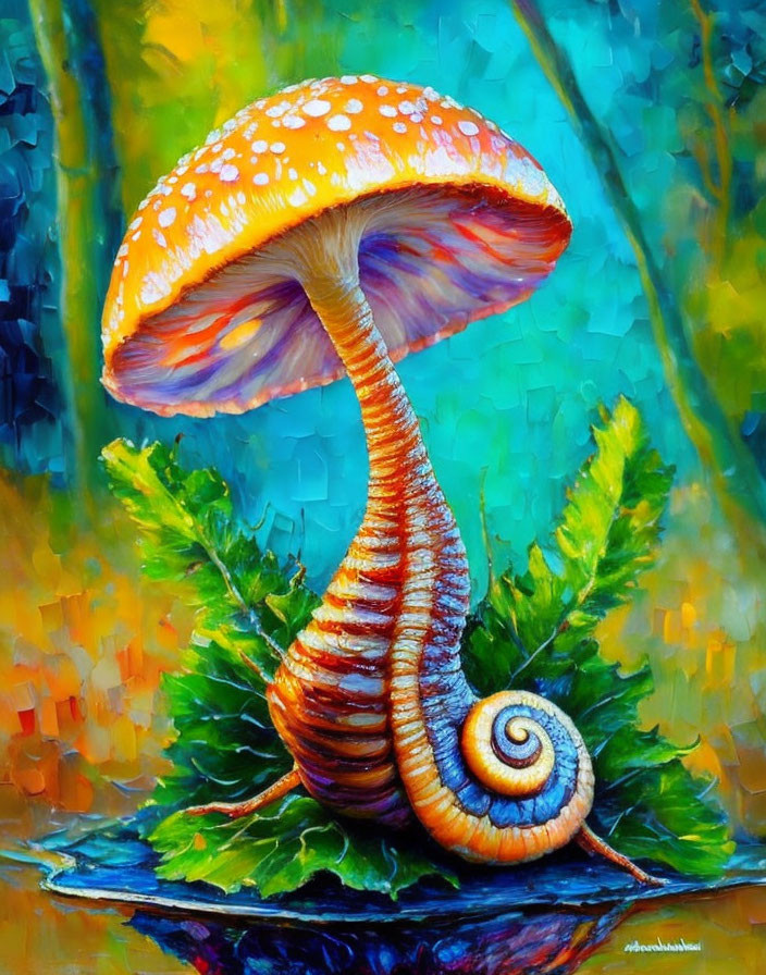 Vibrant whimsical mushroom painting on green and yellow background