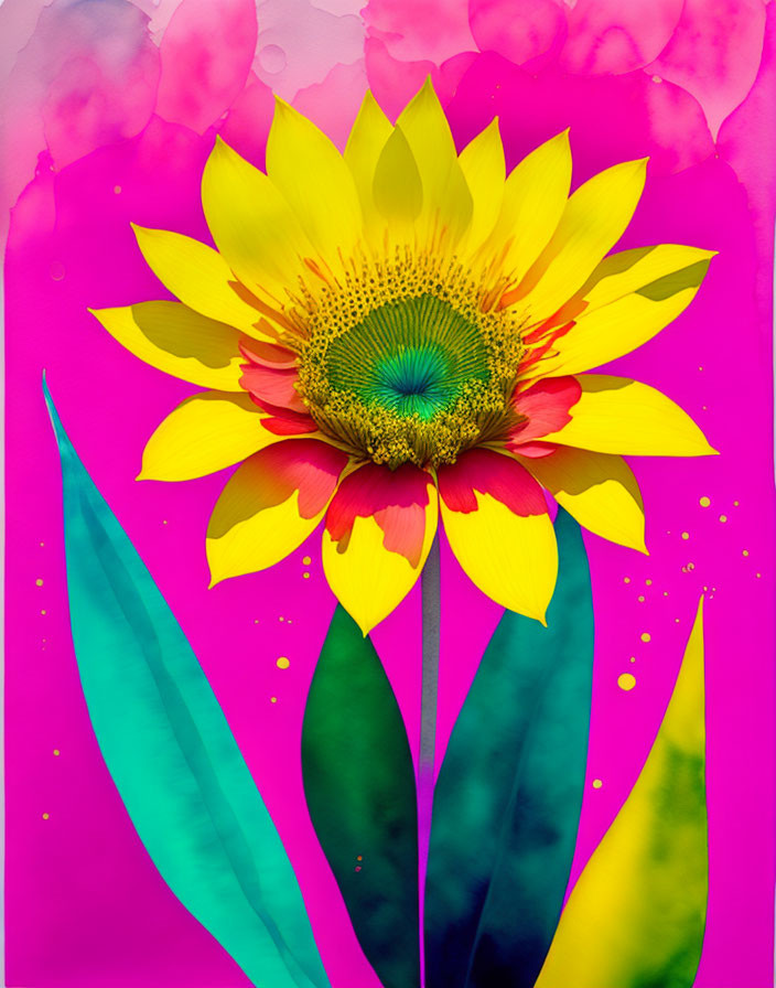 Colorful digital artwork: Stylized sunflower with vibrant pinks, greens, yellow petals