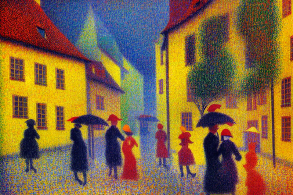 Vibrant pointillist painting of people with umbrellas on quaint street