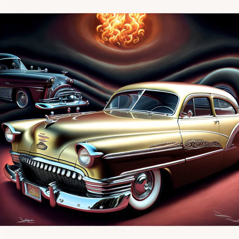 Vintage golden car with custom paint and chrome details in a red sky scene