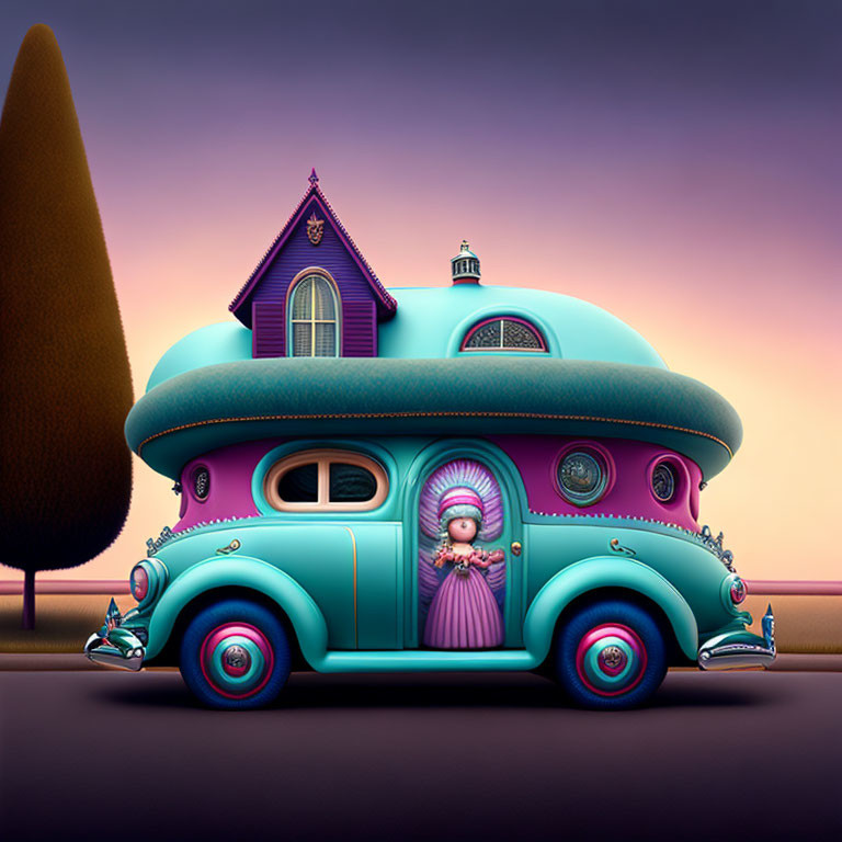 Whimsical hybrid vintage car and Victorian-style house illustration.