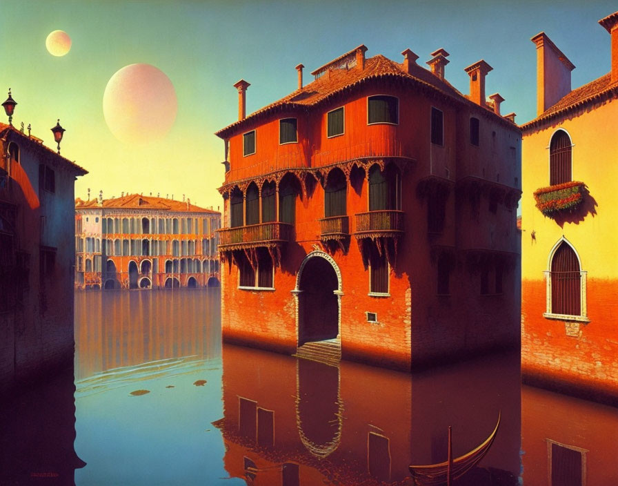 Venice painting: iconic architecture, gondola, surreal sky with two moons