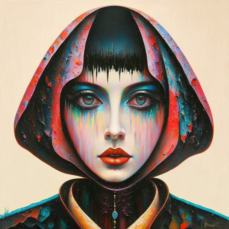 Colorful surreal portrait: person with striking eyes, dark bob, and dripping hooded garment.