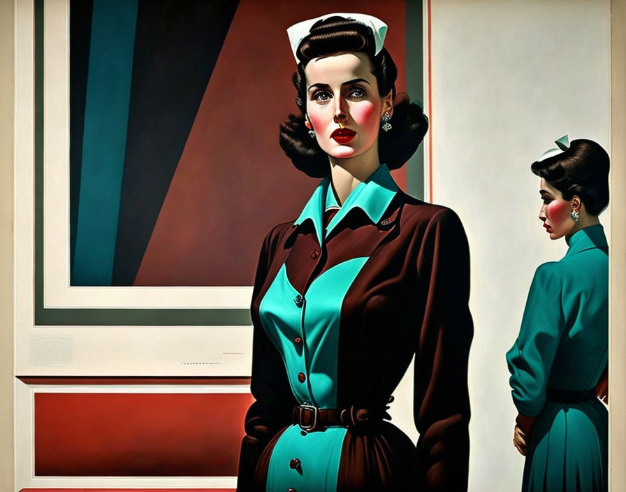 Stylized painting of woman in vintage teal outfit with reflection figure