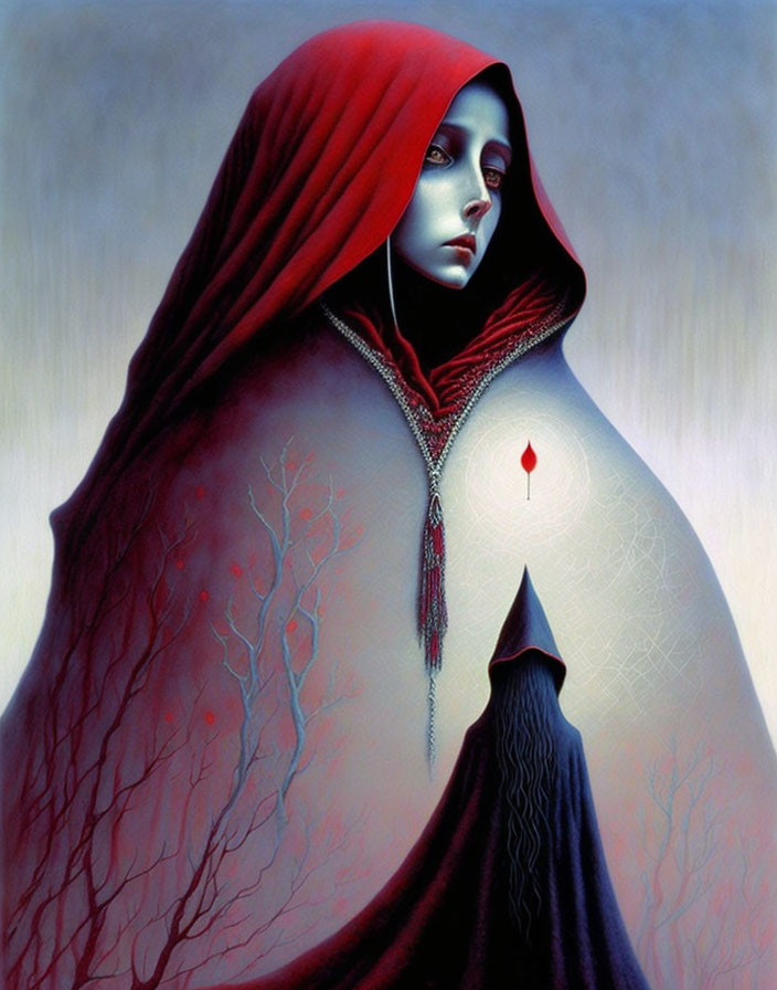 Mystical figure in red hood with pale skin against grey backdrop