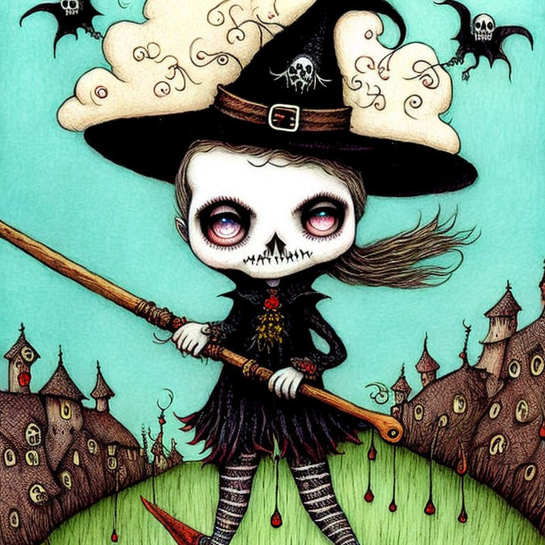 Gothic cartoon character with large eyes in witch's hat, holding broom