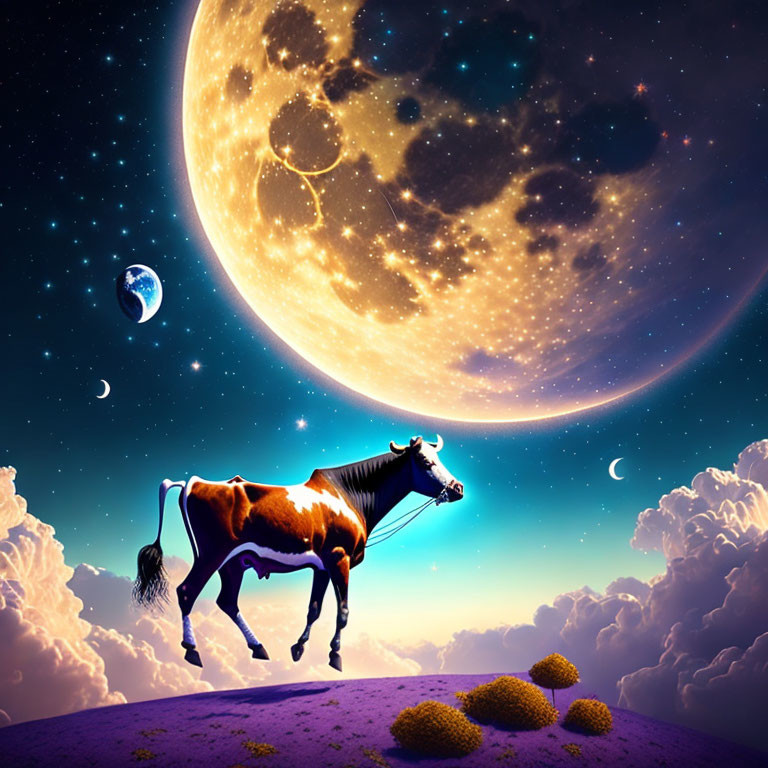 Cow on purple hill under starry sky with oversized moon, planets, stardust trail