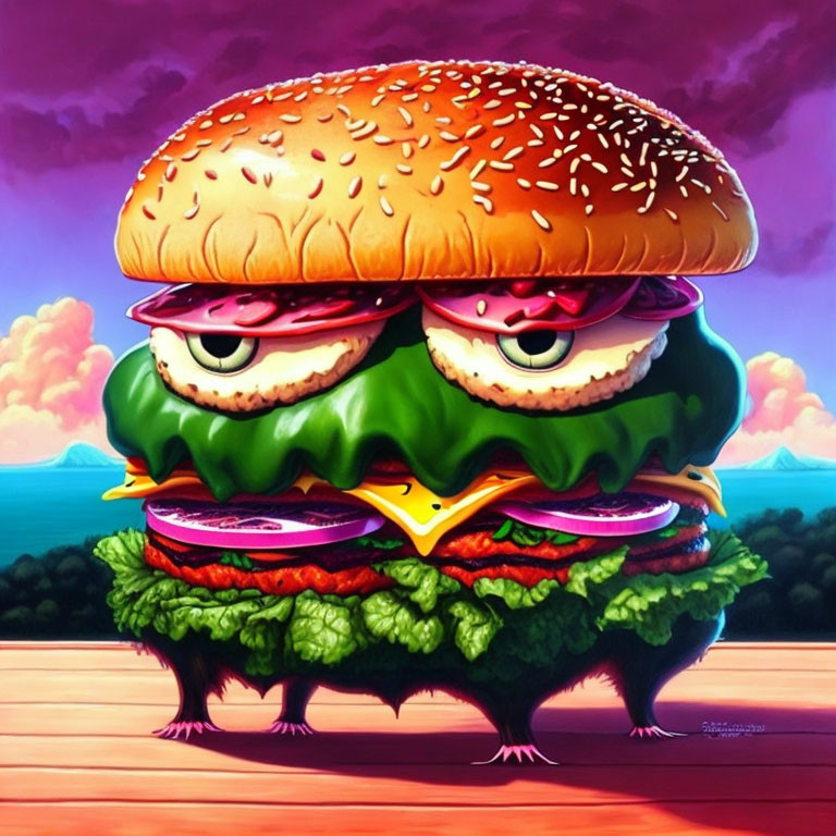 Cheeseburger illustration with anthropomorphic eyes on wooden surface