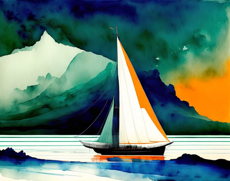 Sailboat on calm waters with vibrant mountain backdrop at sunset