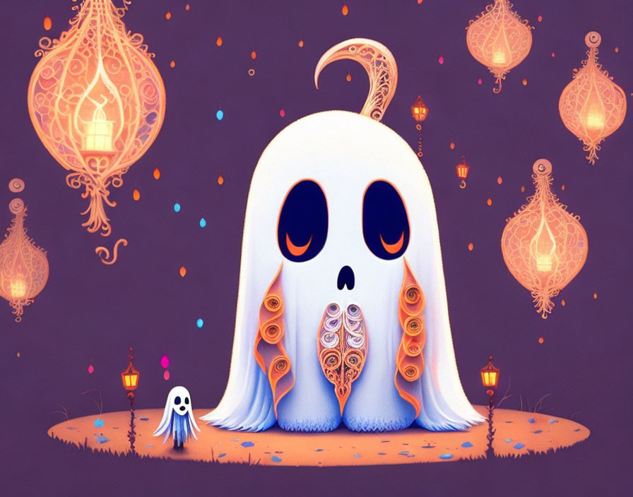 Whimsical illustration: Large intricate ghost with lanterns on purple background