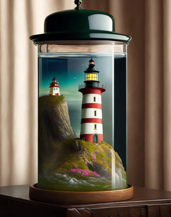 Lighthouse-themed terrarium in glass container with green lid