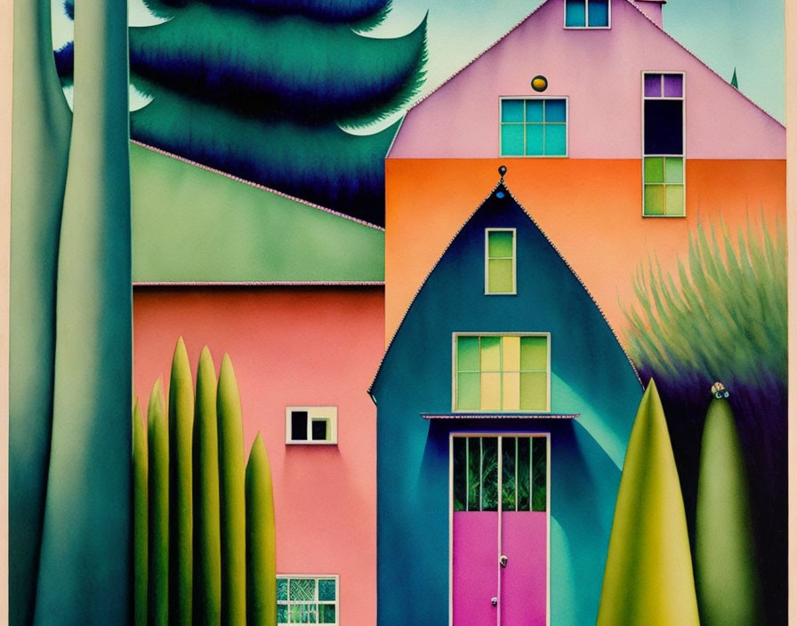 Vibrant, stylized painting of whimsical houses and surreal trees