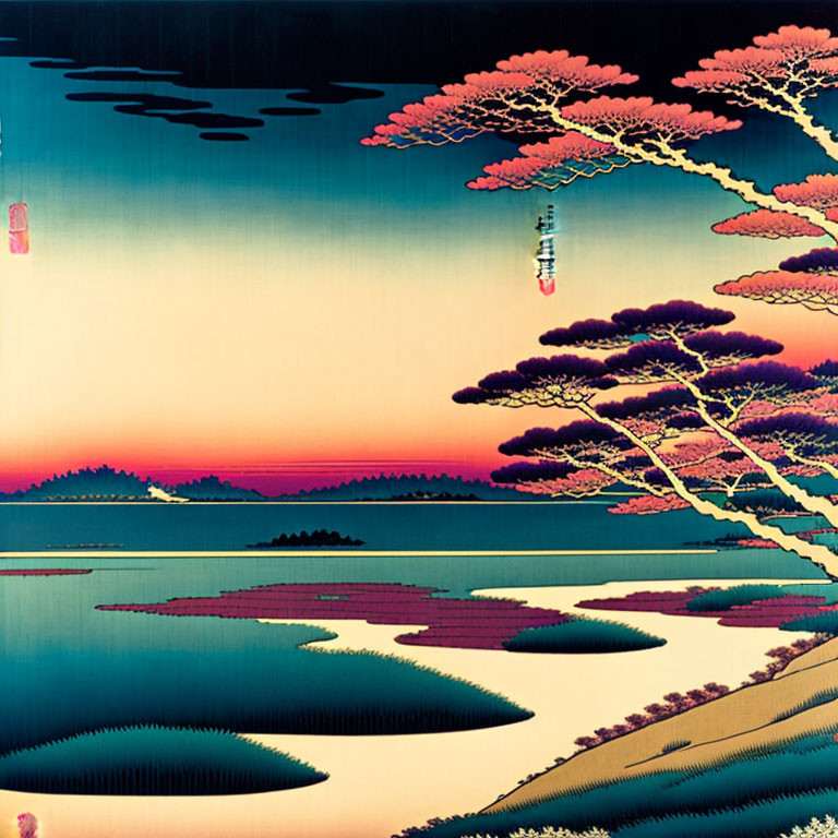 Colorful Stylized Landscape with Trees, Fields, and Water Bodies