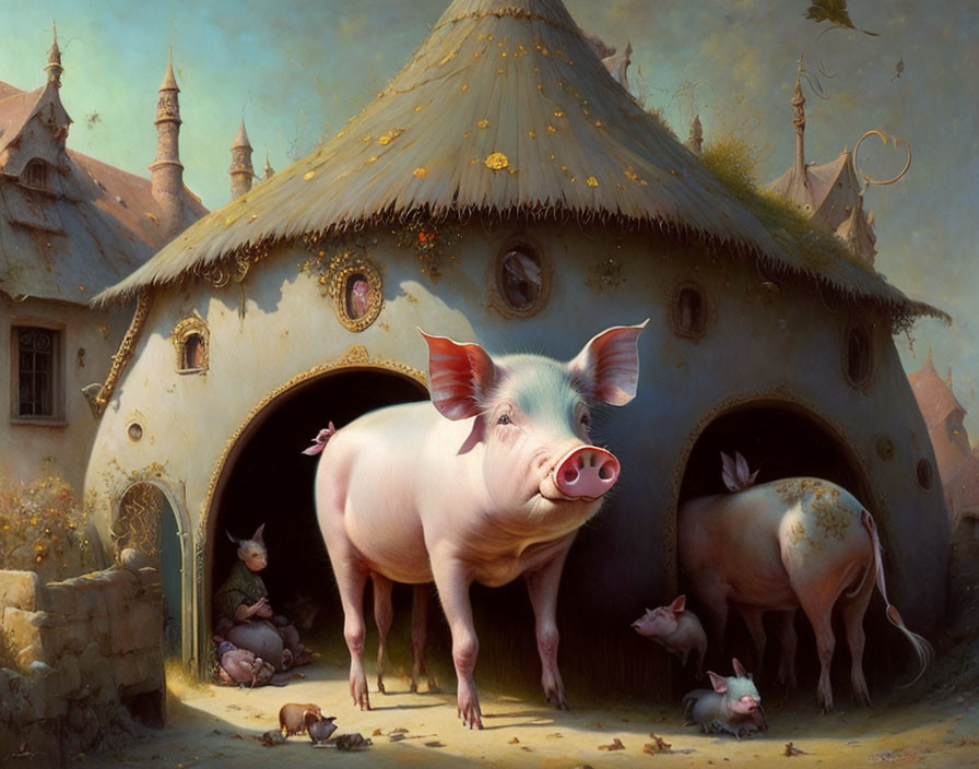 Whimsical painting of pigs in pastoral scene