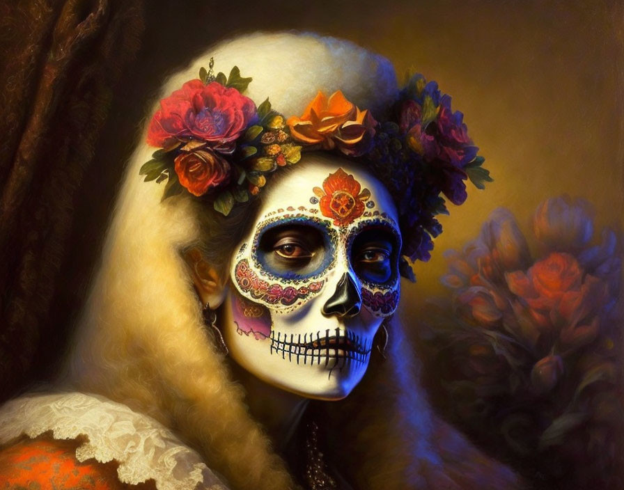 Skull Face Paint with Floral Headpiece for Day of the Dead