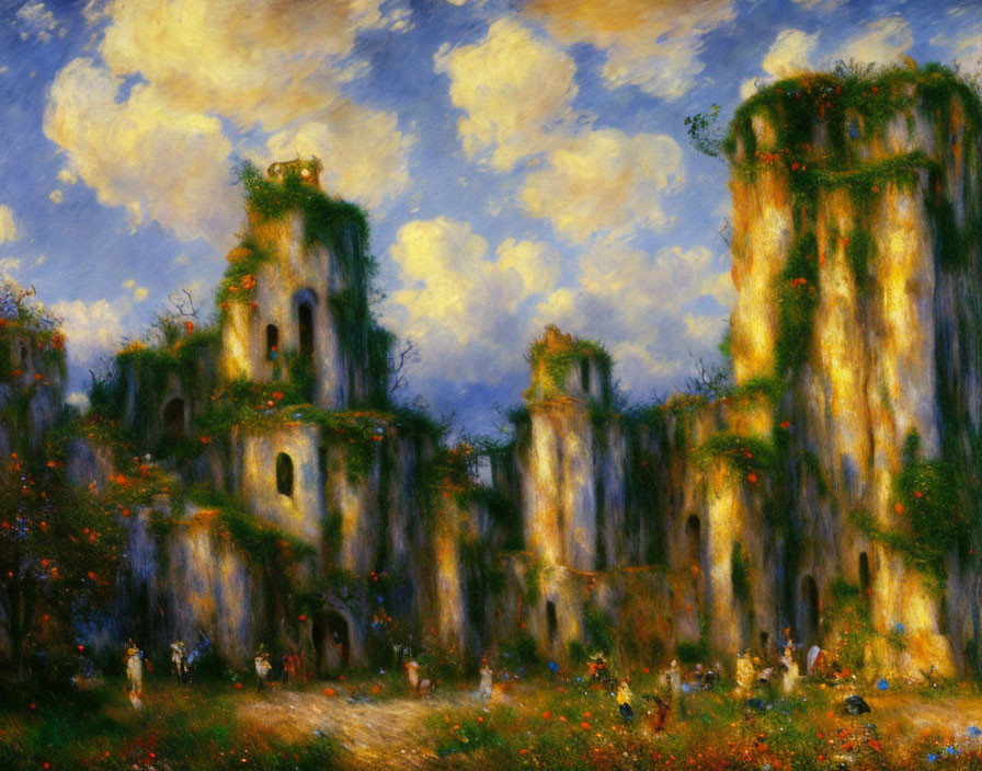 Impressionistic painting: Lush ruins with people under dreamy sky