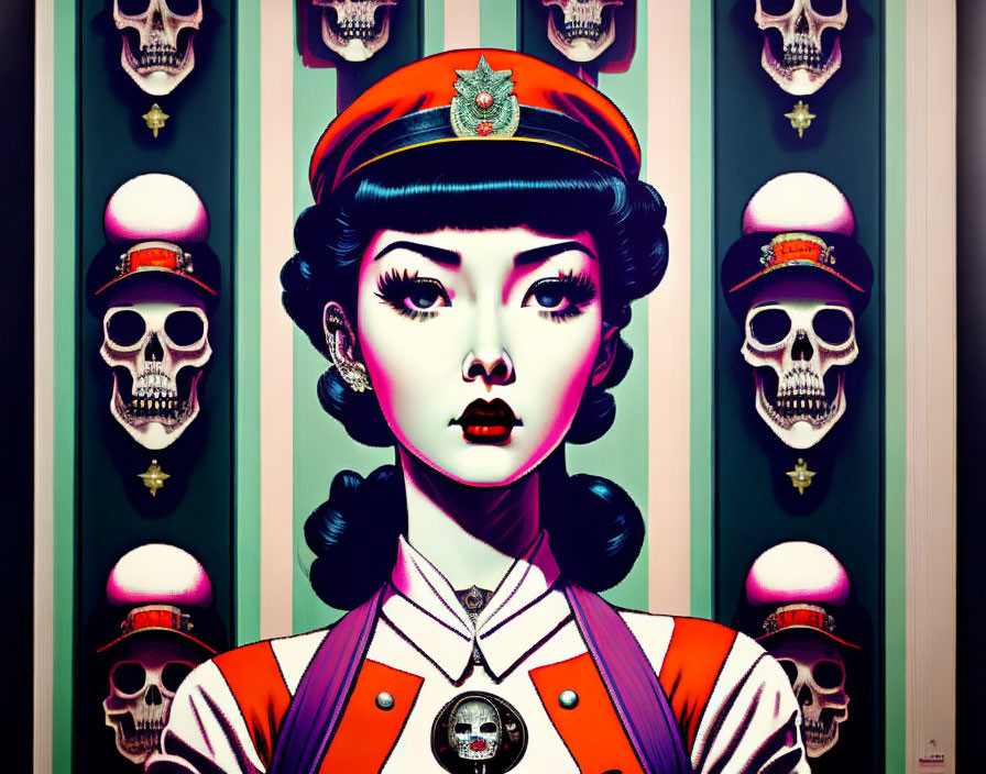 Pop art woman with vintage style in military hat and suspenders against skull columns.