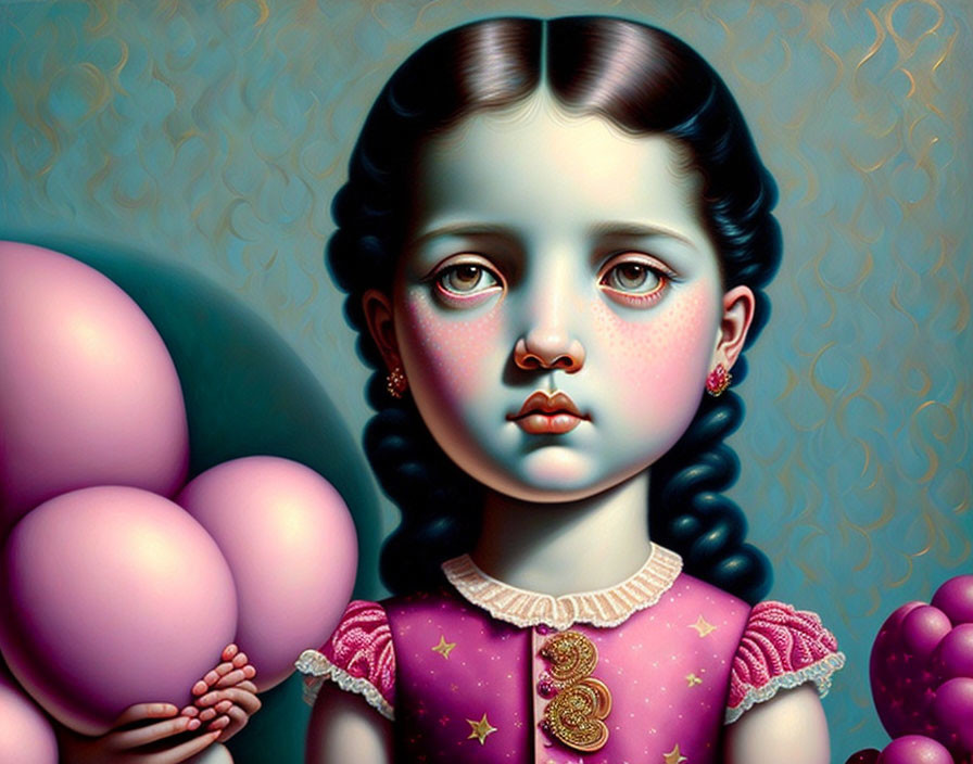 Digital artwork: Young girl with braided hair and balloons in surreal portrait