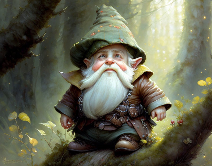 Cheerful gnome in green hat and brown armor in enchanted forest