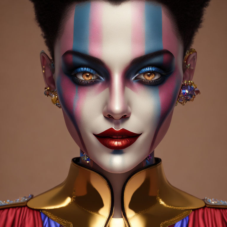 Conceptual portrait with dramatic makeup, metallic collar, blue and red face paint stripes, under high-