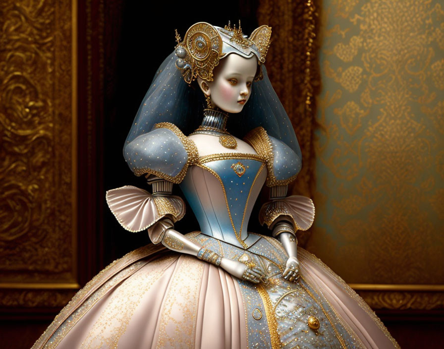 Victorian doll in blue and gold dress with crown on gold-patterned backdrop