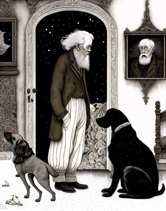 Elderly man with white beard, dogs in vintage room under starry night