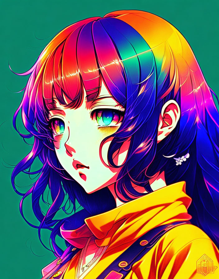 Colorful anime girl with multicolored hair and green eyes in yellow jacket