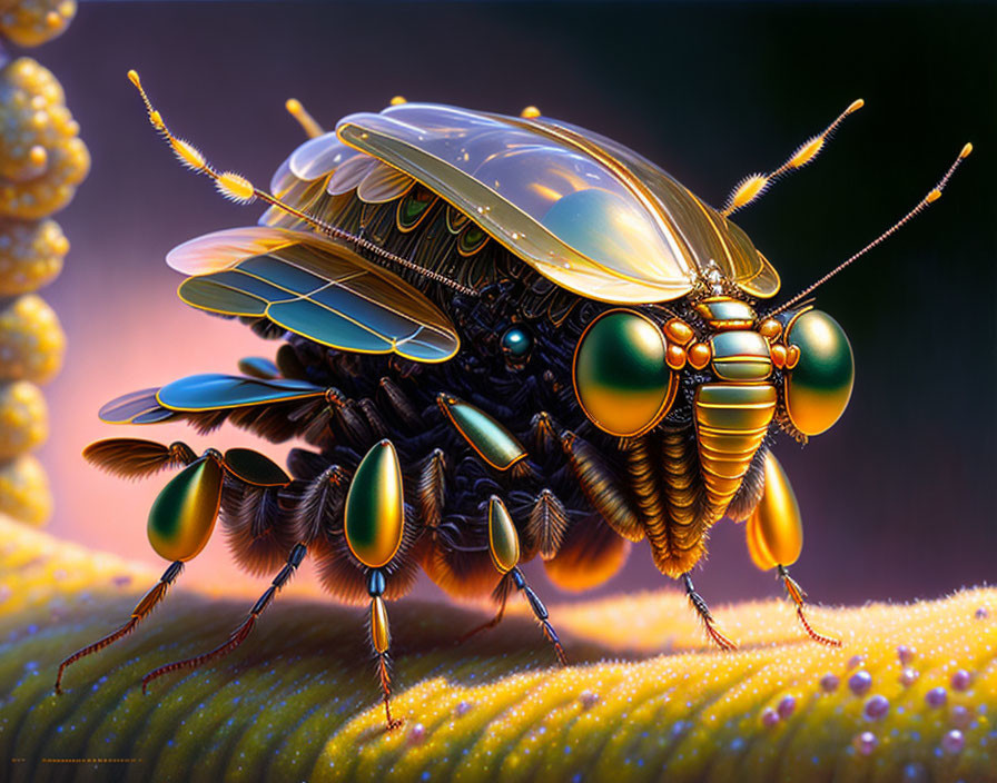 Vibrant digital artwork: stylized mechanical fly on dewy surface