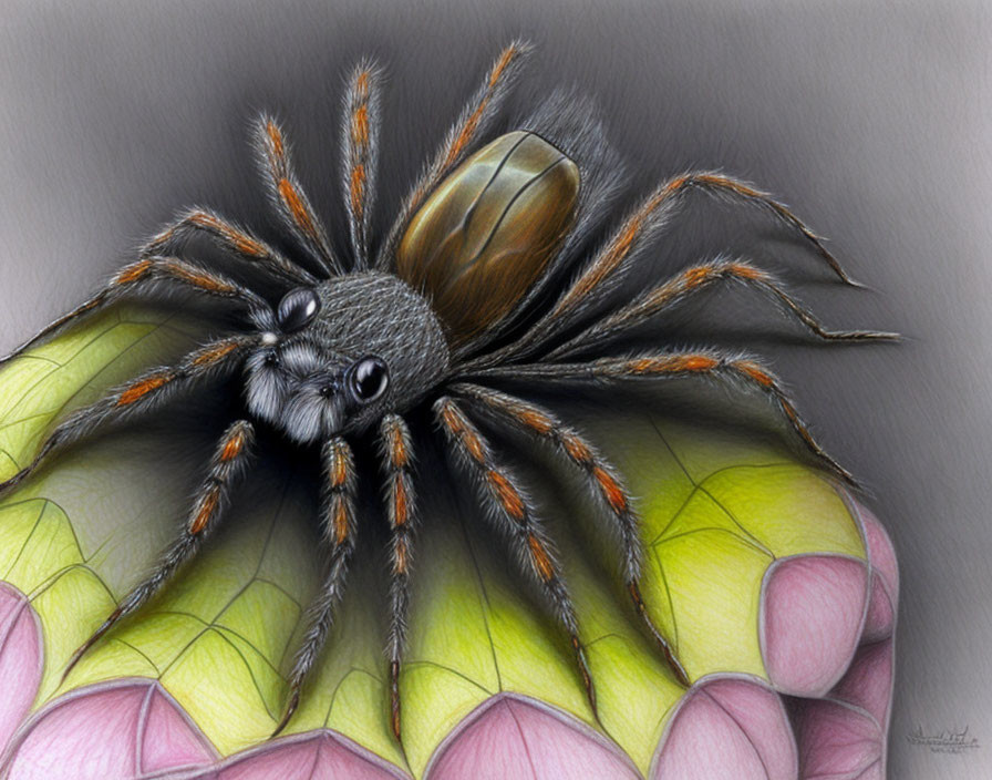 Detailed Spider Drawing on Leaf with Fine Hairs and Shiny Thorax in Grey, Green, and