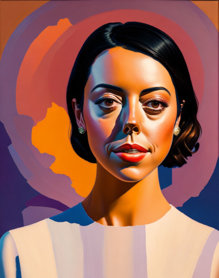 Stylized portrait of a woman with short hair on warm-toned abstract background